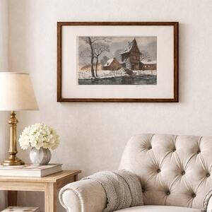 Signed Hand Colored Etching Winter Landscape European Village Art Print